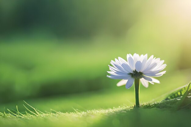 A daisy in the grass with the sun behind it