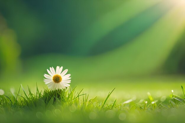 A daisy in the grass with the sun behind it