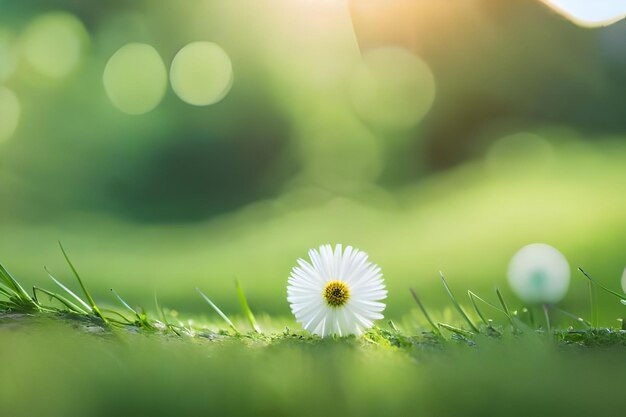 A daisy in the grass with the sun behind it