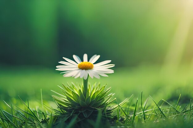 A daisy in the grass with the sun behind it