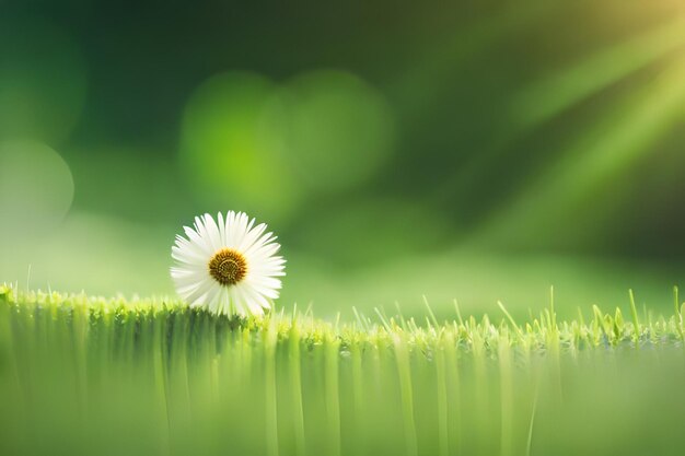 A daisy in the grass with the sun behind it