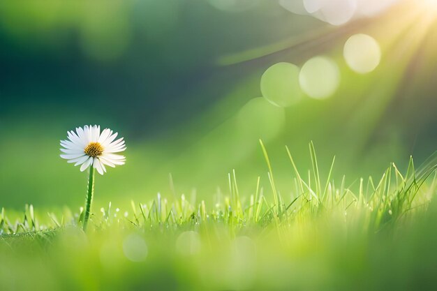 A daisy in the grass with the sun behind it