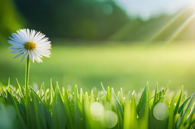 a daisy in the grass with the sun behind it