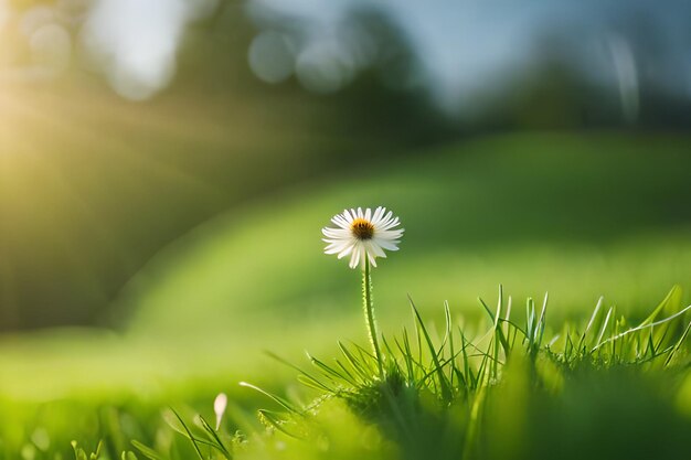 A daisy in the grass with the sun behind it