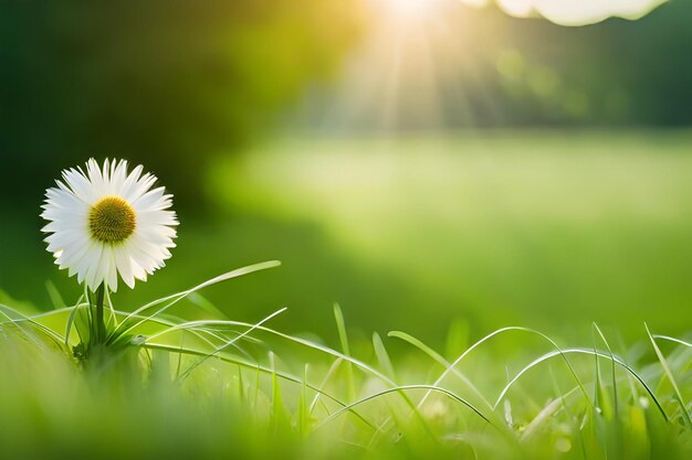 a daisy in the grass with the sun behind it.