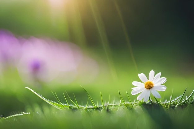 a daisy in the grass with the sun behind it