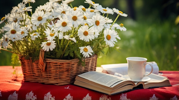 Daisy and poppies bouquet in basket with open book