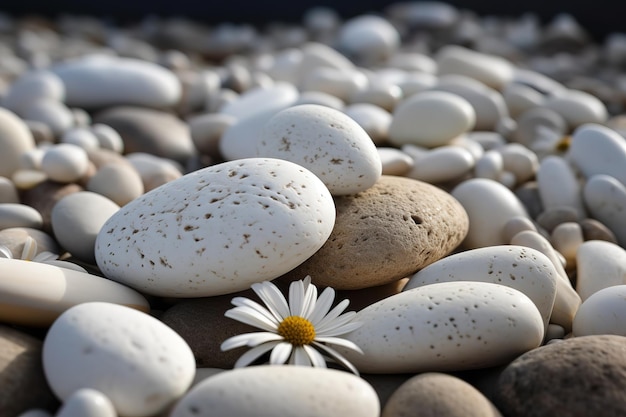 Photo a daisy sits among many pebbles on a beach.