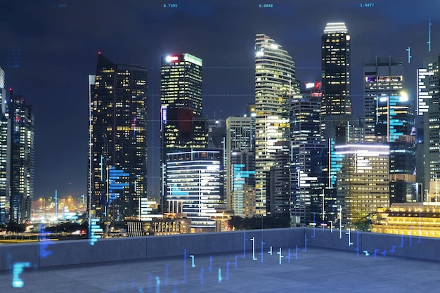 Dak met betonnen terras Nachtelijke skyline van Singapore Prognose en bedrijfsmodellering van hologram digitale grafieken van financiële markten Stadscentrum Dubbele belichting