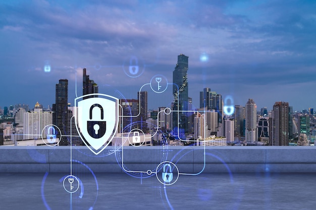 Dak met betonnen terras Zonsondergang skyline van Bangkok Cyberbeveiligingsconcept om vertrouwelijke informatie van klanten te beschermen IT-hologram hangslotpictogrammen Stadscentrum Dubbele belichting