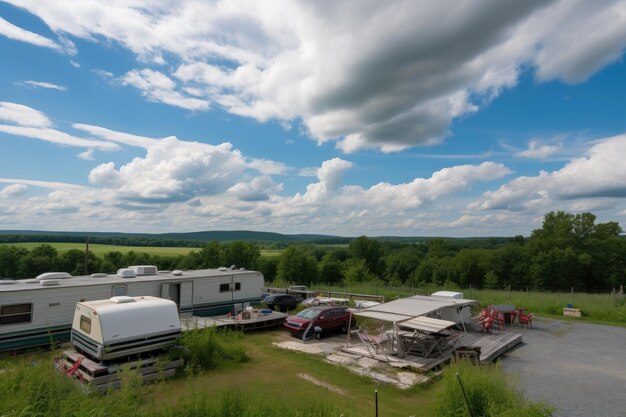 Dakaanzicht van camping met blauwe lucht en wolken op de achtergrond gemaakt met generatieve ai