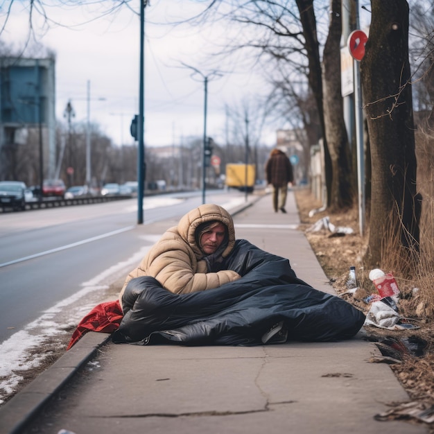 Dakloze man slaapt op de stadsweg