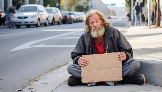 Foto dakloze man zit op straat en kijkt naar de camera