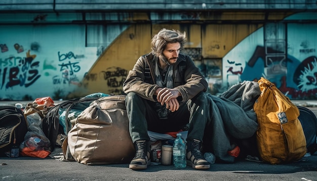 Dakloze man zit op straat met stapel rotzooi, ongelukkig smekend om hulp en geldproblemen