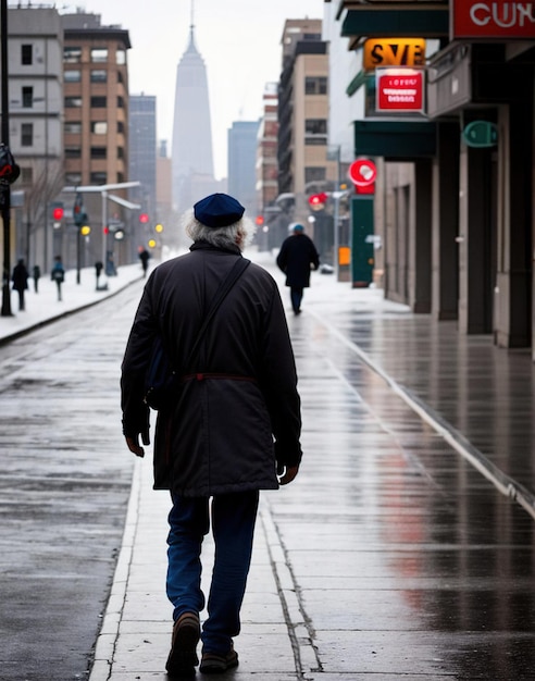 Dakloze oude man in de straten van de stad vanaf de achterkant Generatieve AI