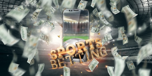 Dalende dollars en smartphone met de inscriptie online sportweddenschappen. Creatieve achtergrond, gokken.