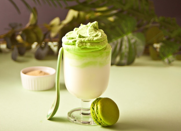 Dalgona Matcha Latte, romige opgeklopte matcha groene thee met plant op de achtergrond.