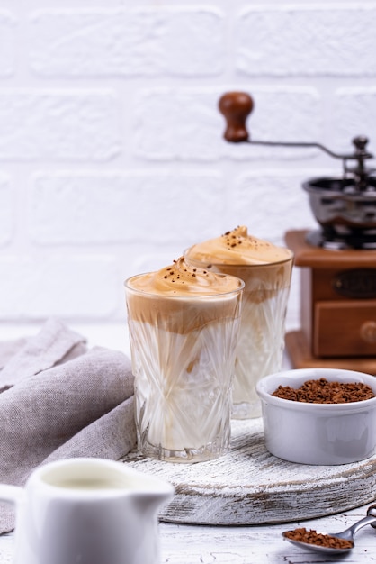 Dalgona whipped coffee with milk, trendy drink