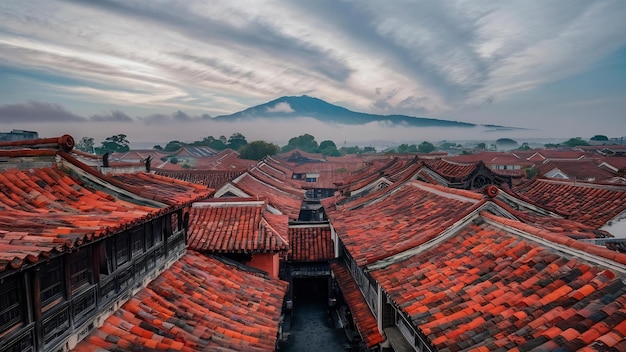 Photo dali old town rooftop view with cloudy mt cangshan yunnan china