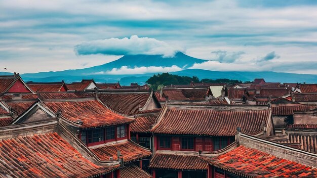 Dali old town rooftop view with cloudy mt cangshan yunnan china