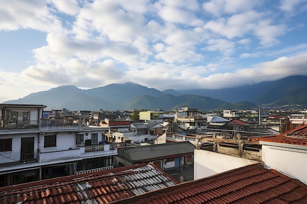 Dali old town rooftop view with cloudy mt cangshan