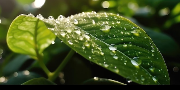 Dalingen van transparant regenwater op een groene bladmacro