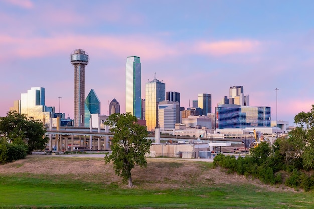 Dallas city downtown skyline cityscape of Texas USA at sunset