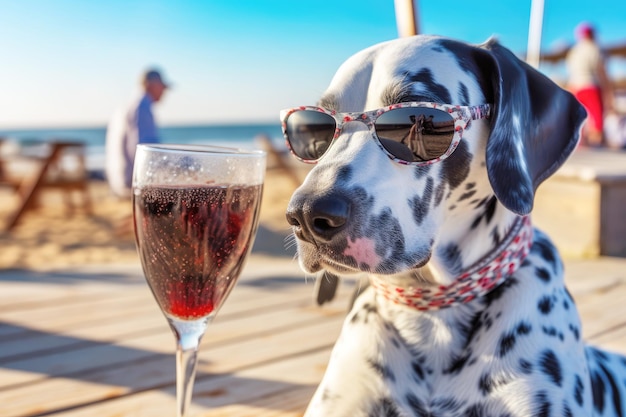 Dalmatian breed dog is relaxing on the beach with a cocktail Resort holiday concept with pets