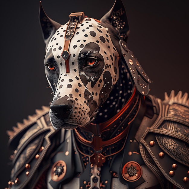 dalmatian dog in cyberpunk futuristic robotic metal ancient rustic armour outfits