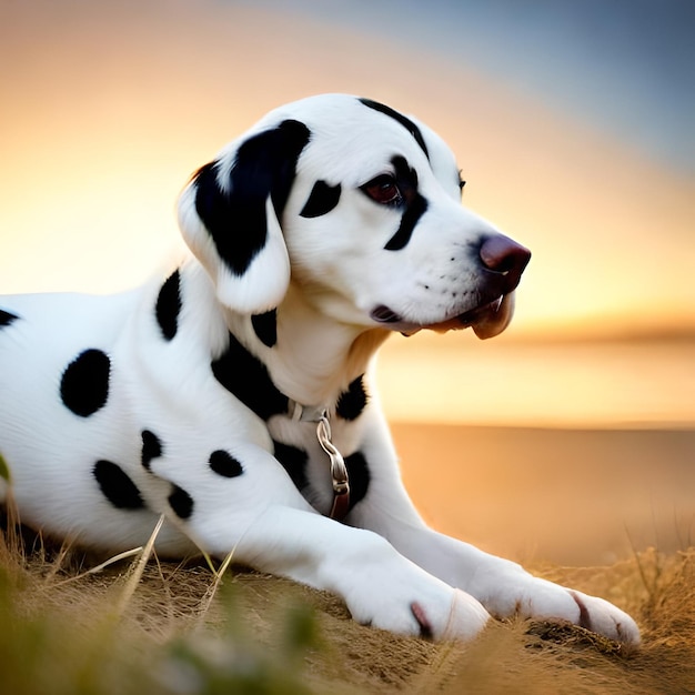 A dalmatian dog is laying on the ground with its tongue out.