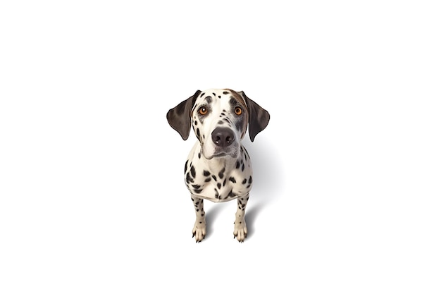 A dalmatian dog is sitting on a white background