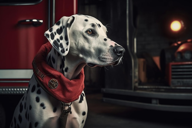 Dalmatian dog near the fire engine firefighter dog generative ai