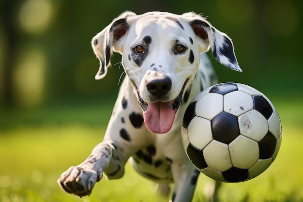 Dalmatian dog playing fetch on green summer meadow
