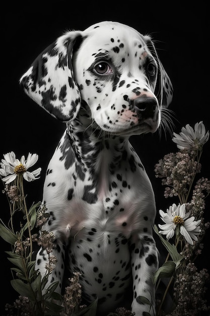 A dalmatian dog sits in front of flowers.