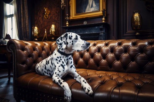 Dalmatian dog sitting on brown leather couch in living room Generative AI