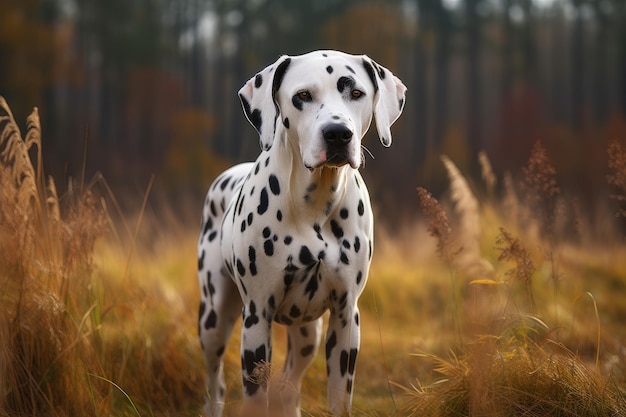 秋の森に立ってカメラを見ているダルメシアン犬 AI 生成