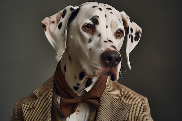 A dalmatian dog wearing a suit and a brown bow tie.