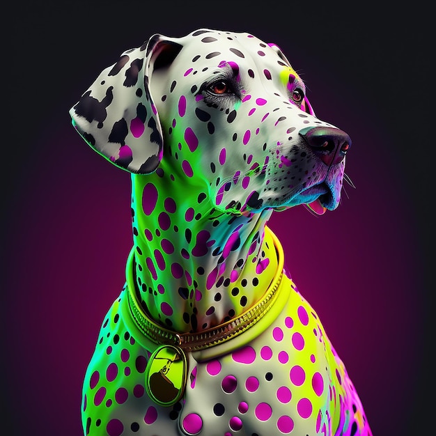 A dalmatian dog with a collar and a bell on it.