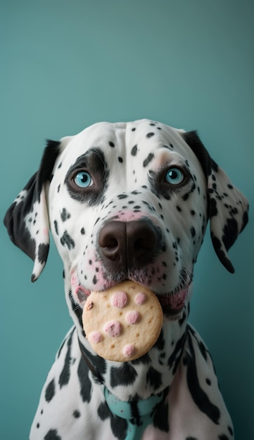 A dalmatian dog with a cookie in his mouth