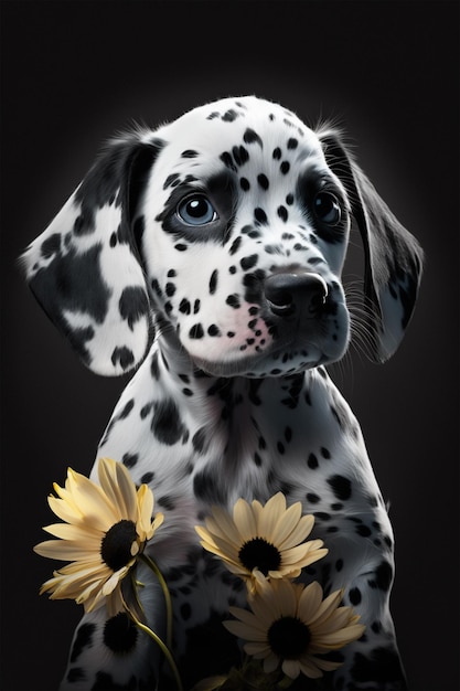 A dalmatian dog with flowers in its paws