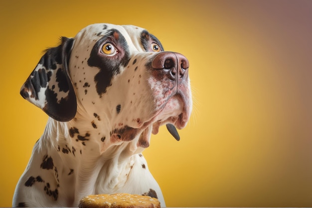 A dalmatian dog with its mouth open and a muffin in front of generative AI