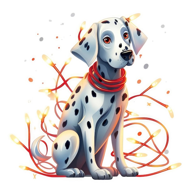 Dalmatian Tangled In Christmas Lights Comical Cartoon Illustration Background