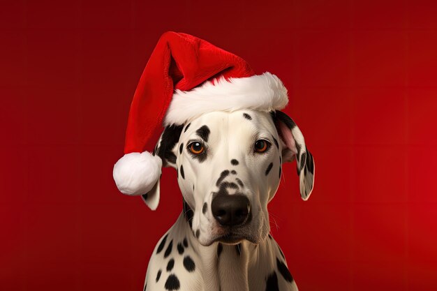 Dalmatian with Santa Claus hat red background Generative AI