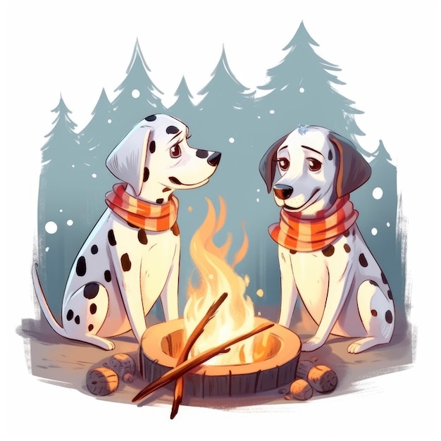 Dalmatians Roasting Marshmallows By The Fire Cozy Cartoon Illustration Background