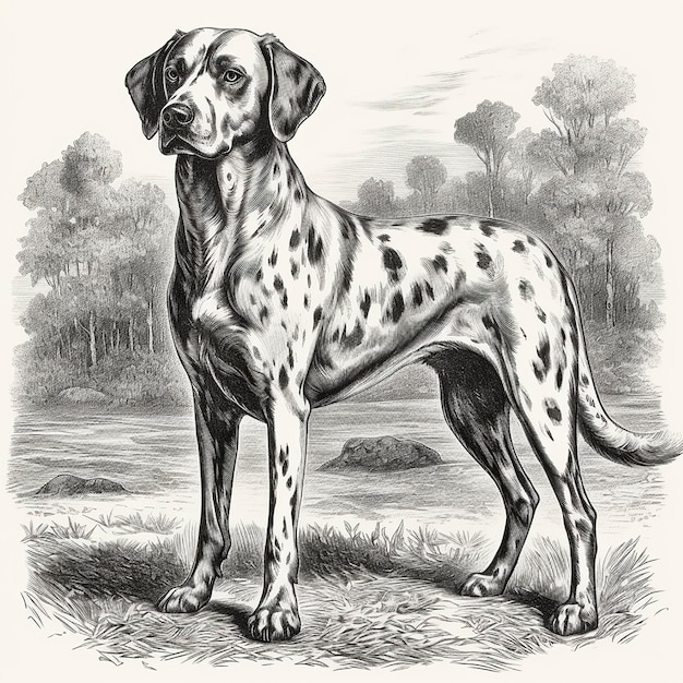 Dalmatische hond gravure stijl close-up portret zwart-wit tekening schattige honden jacht ras