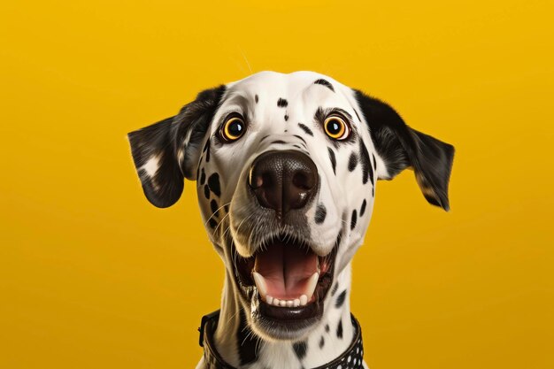 Dalmatische hond met verbaasde uitdrukking op gele achtergrond