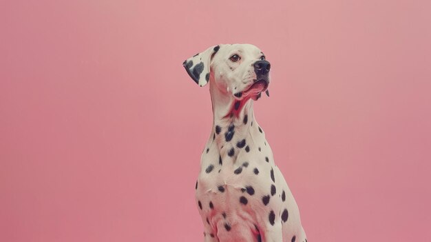 Dalmatische hond zit op roze achtergrond