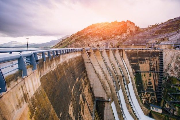 Dam in Europe and Italy. Granite mountains ravine.