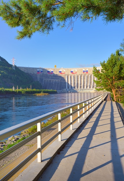 The dam of the largest hydroelectric power station on the mountain banks of the Yenisei River