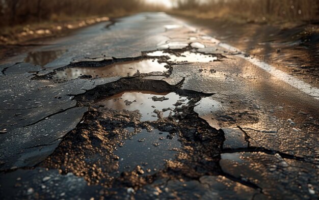 A damaged asphalt road with large potholes surrounded by bare trees illuminated by the soft light